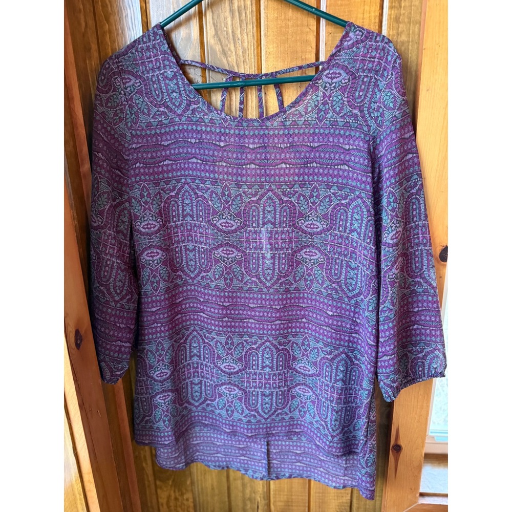 Maurices Purple Teal Geometric Medallion Strappy Back Blouse Womens M